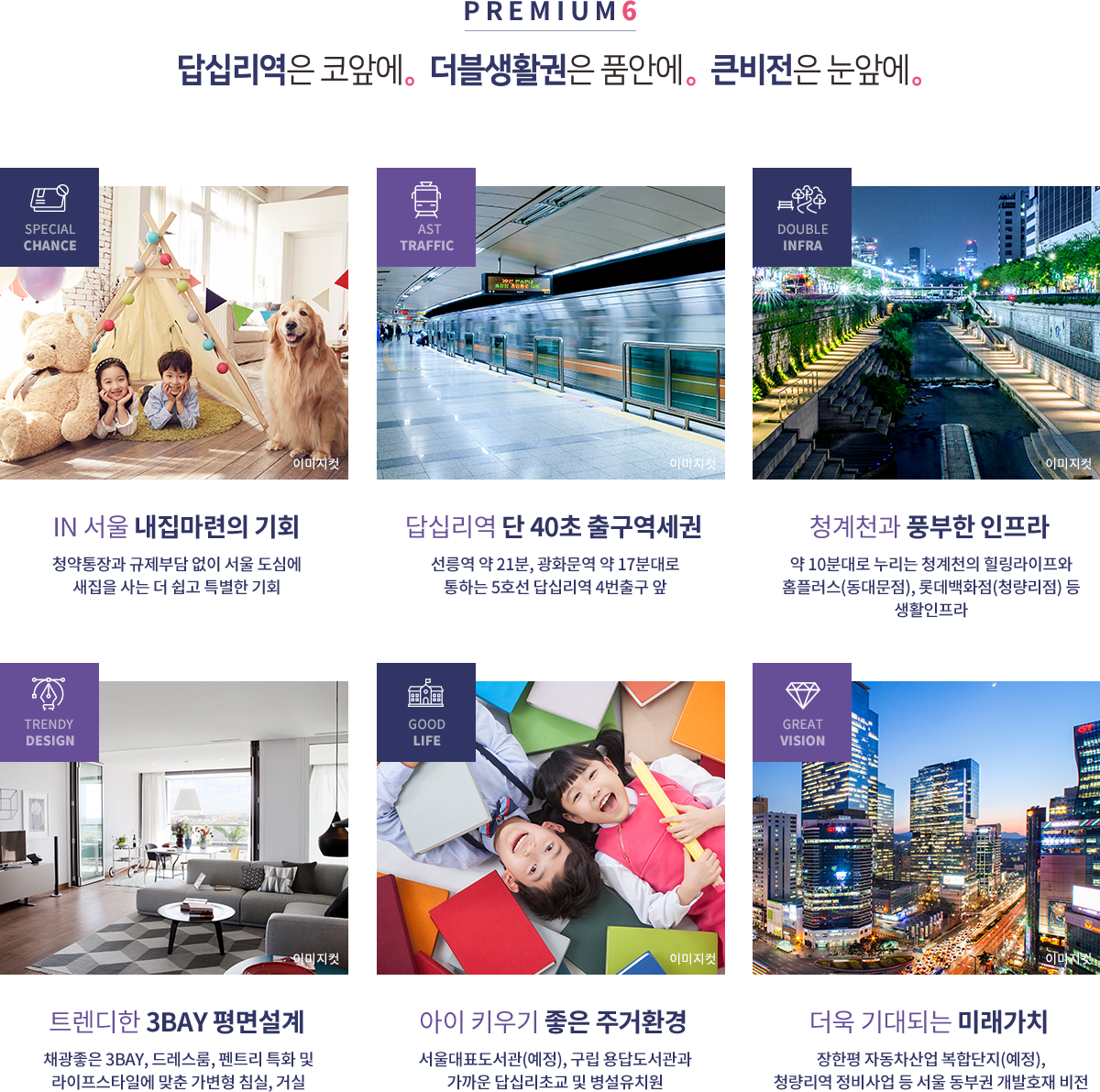 답십리역 지웰 에스테이트 PREMIUM 6 — 내집마련 기회 · 40초 초역세권 · 청계천 인프라 · 3BAY 평면설계 · 아이 키우기 좋은 환경 · 미래가치
